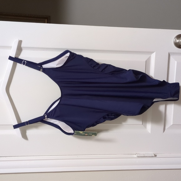 Dark Blue Tummy Control Swimsuit With Cut Out And Ruched Sides - Picture 6 of 7